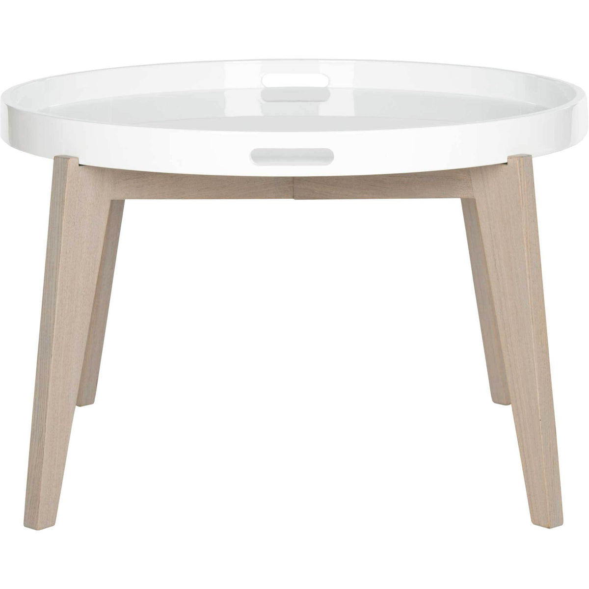 Cutout handles frame a glossy white tray above tapered gray-washed legs || FOX4218A || front_studio