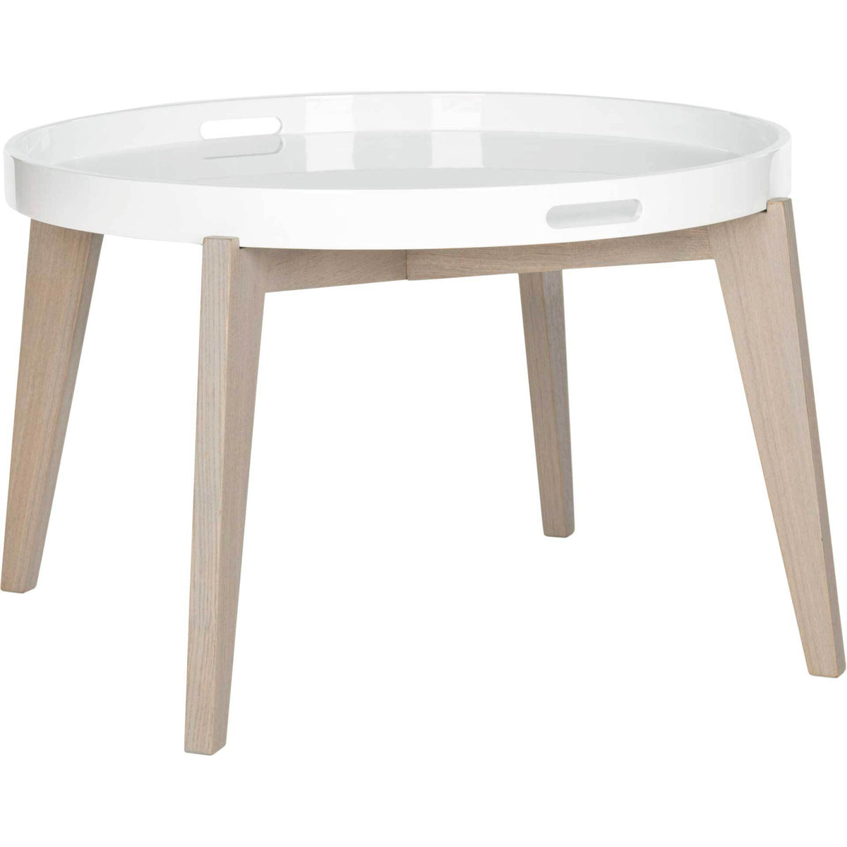 A removable white lacquer tray rests on four splayed gray-washed wood legs || FOX4218A || side_studio
