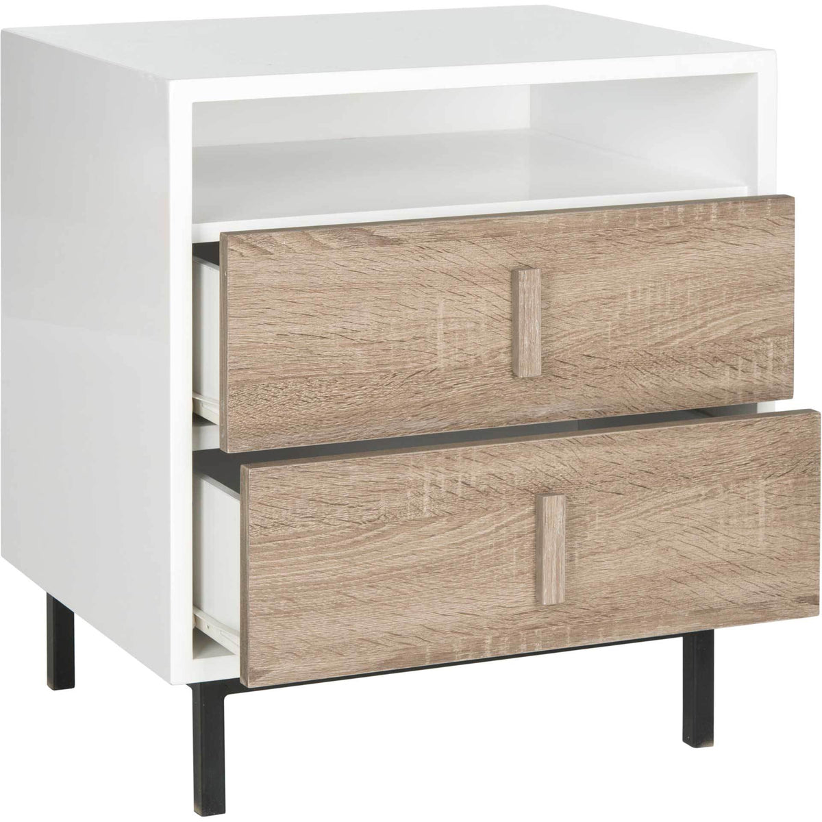 Two oak-finished drawers slide open beneath the white cabinet's open shelf.