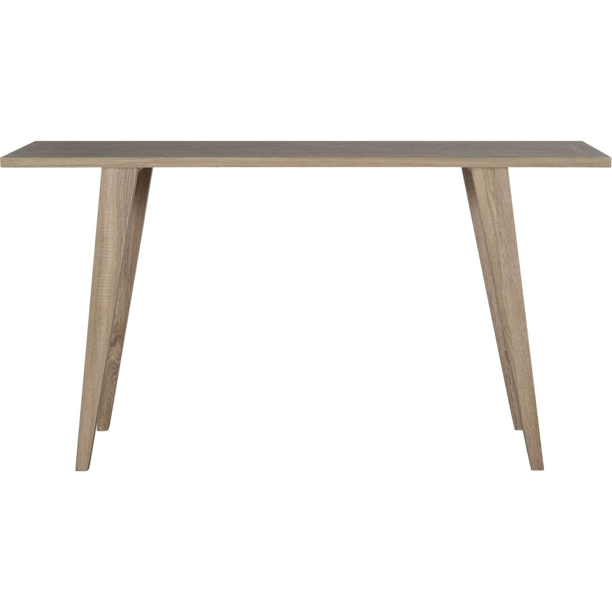 Wood-grain console table has a minimalist silhouette and outward-angled legs || FOX4220A || front_studio