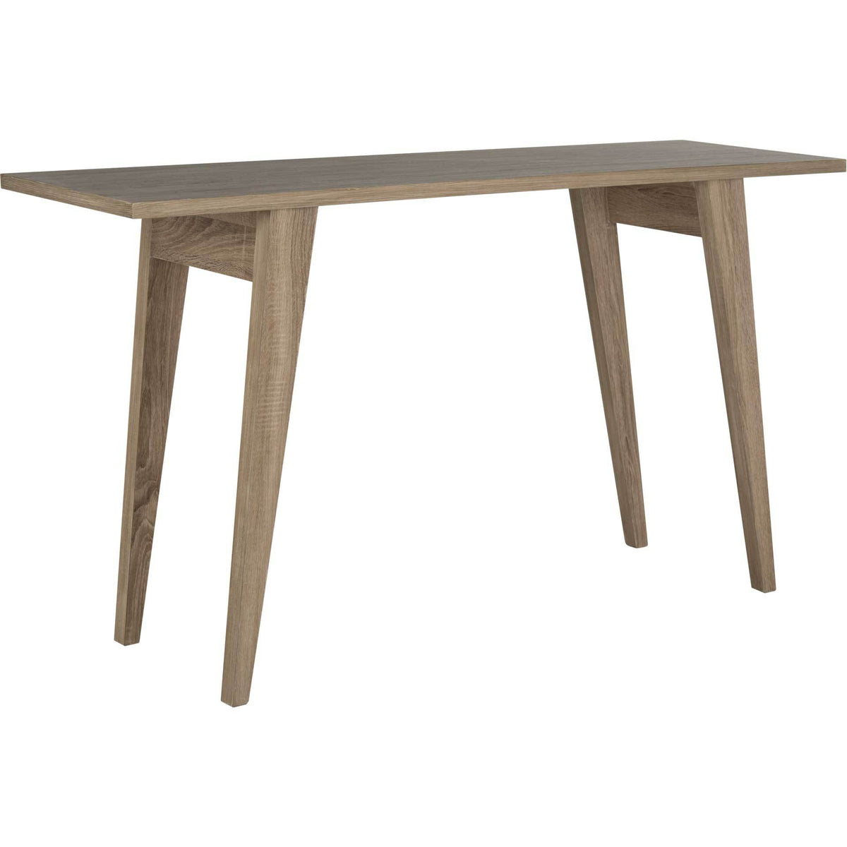 Oak-grain console table pairs a long, slim top with tapered, splayed legs || FOX4220A || front_angle_studio