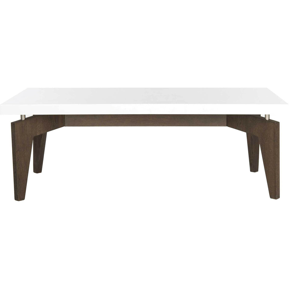 A low-profile coffee table pairs a crisp white top with tapered, dark brown legs. || FOX4223A || front_studio