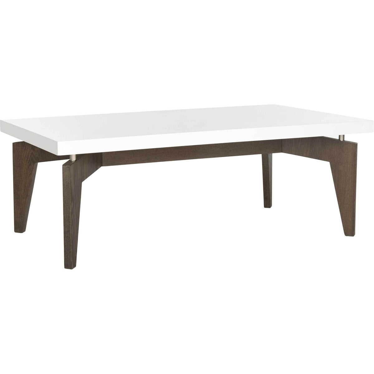 A sleek white lacquer top floats above dark brown wood-grain legs on slim silver posts. || FOX4223A || front_angle_studio