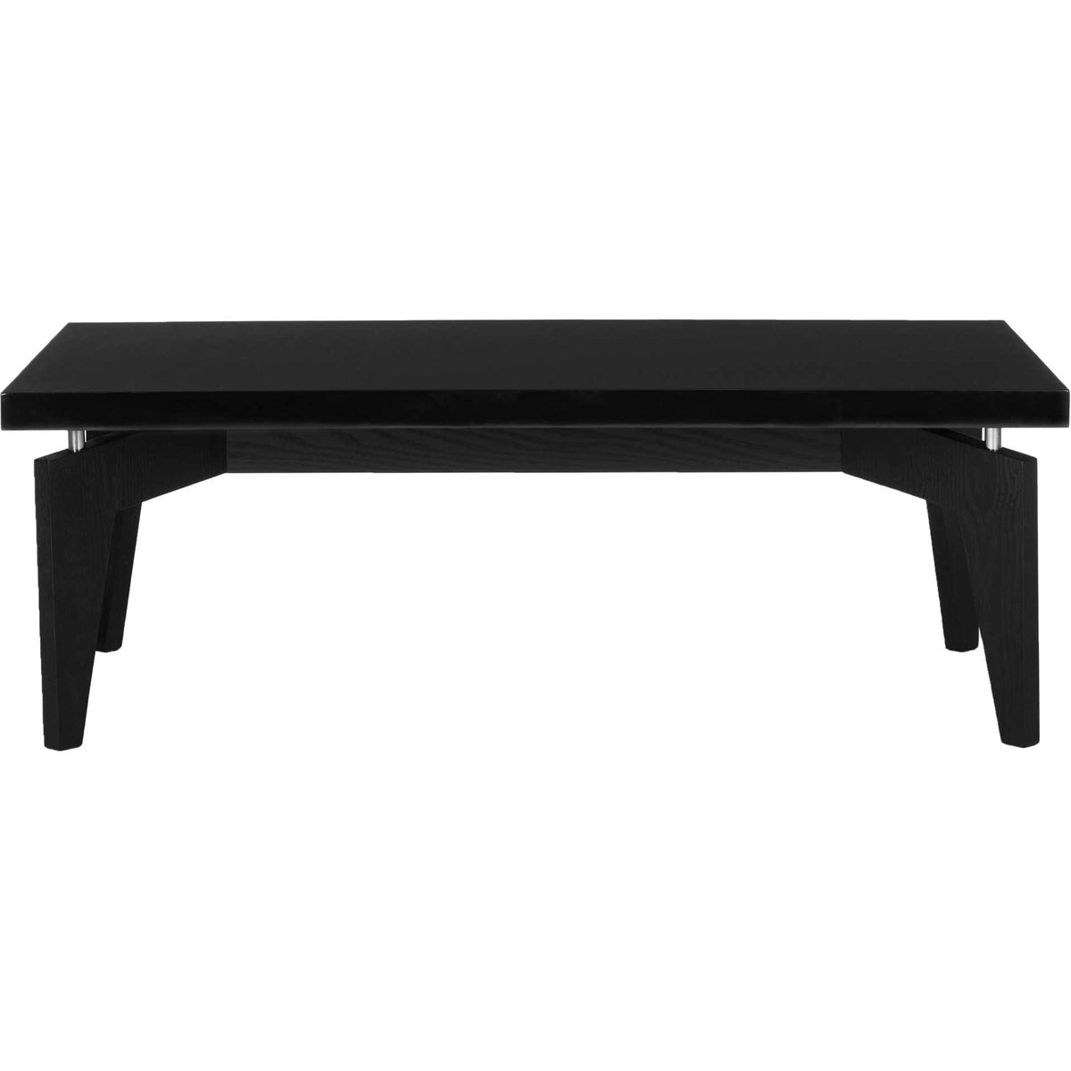 A low black coffee table pairs a floating rectangular top with tapered wood-grain legs. || FOX4223C || front_studio
