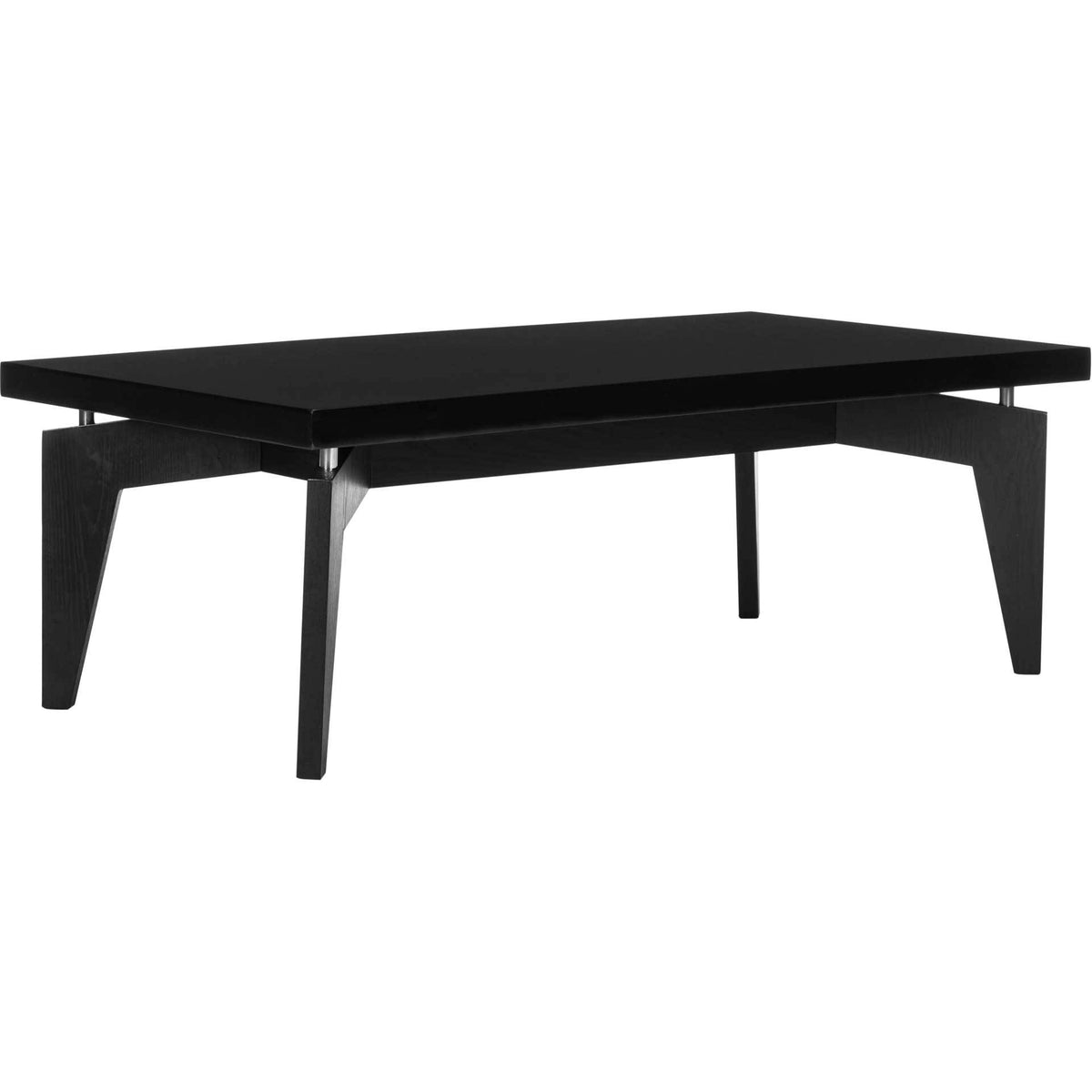 A sleek black lacquer top floats above black wood-grain legs on slim silver posts. || FOX4223C || front_angle_studio