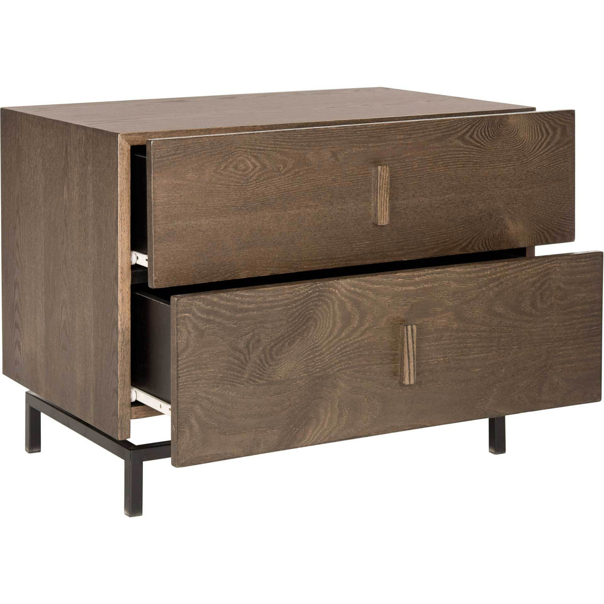 Two drawers extend from a dark brown wood-grain cabinet on a slim black metal frame