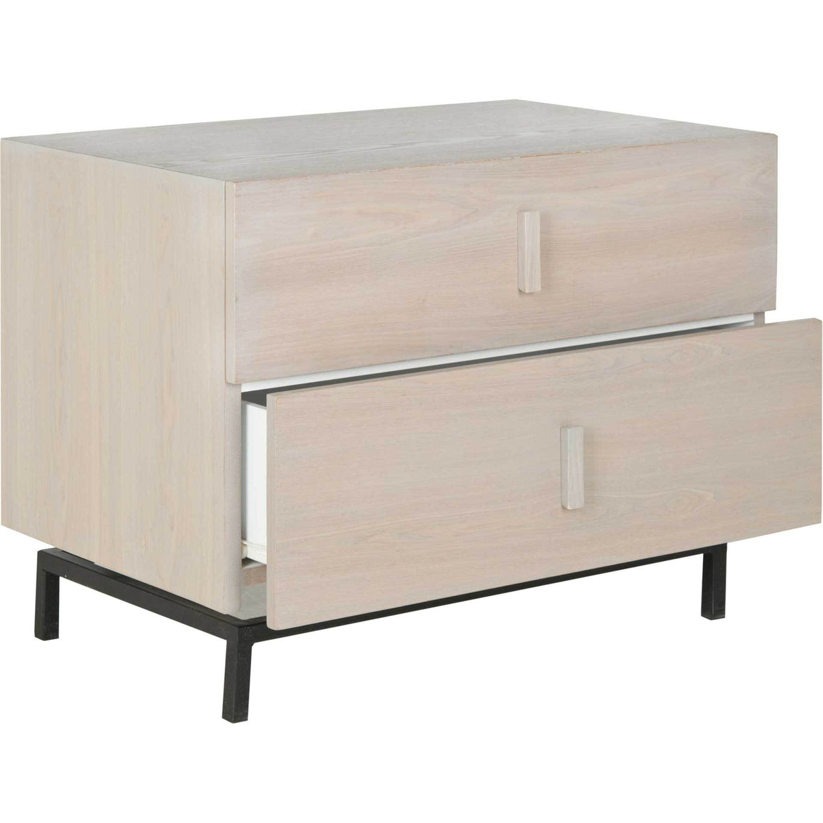 Gray-washed wood cabinet with an open lower drawer and slender black metal legs
