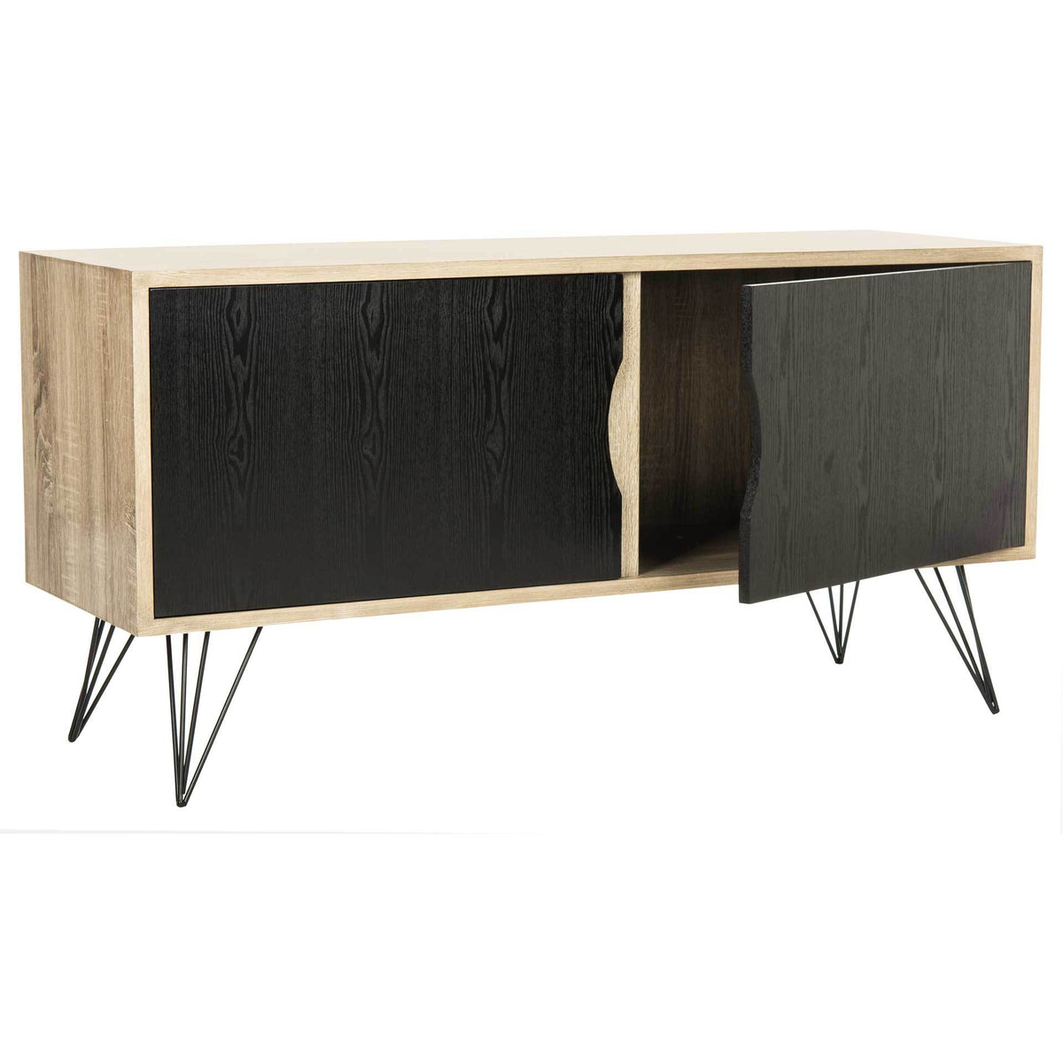One black door opens to reveal storage inside the light oak sideboard