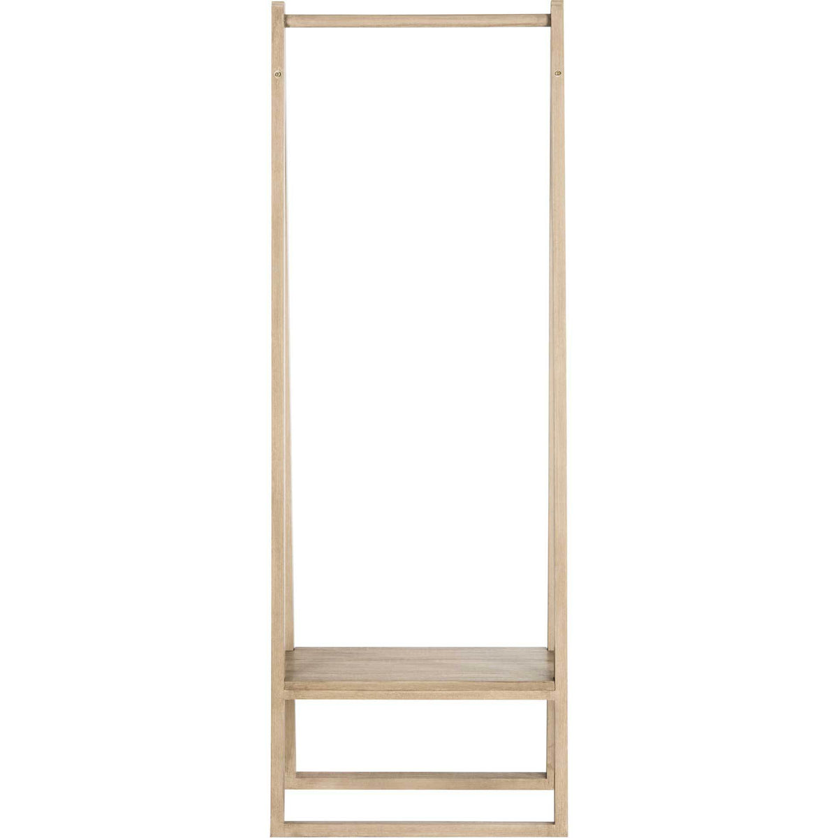 An open wood frame offers generous hanging space above a shelf for bags and accessories || FOX4234A || front_studio