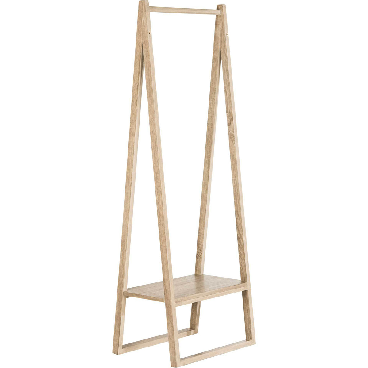 Light oak coat rack pairs an airy A-frame with a hanging rail and convenient lower shelf || FOX4234A || front_angle_studio