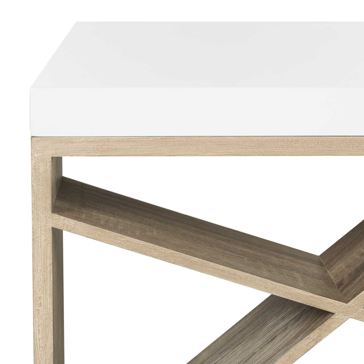 Textured wood-grain surfaces and a crisp white top highlight the intersecting braces