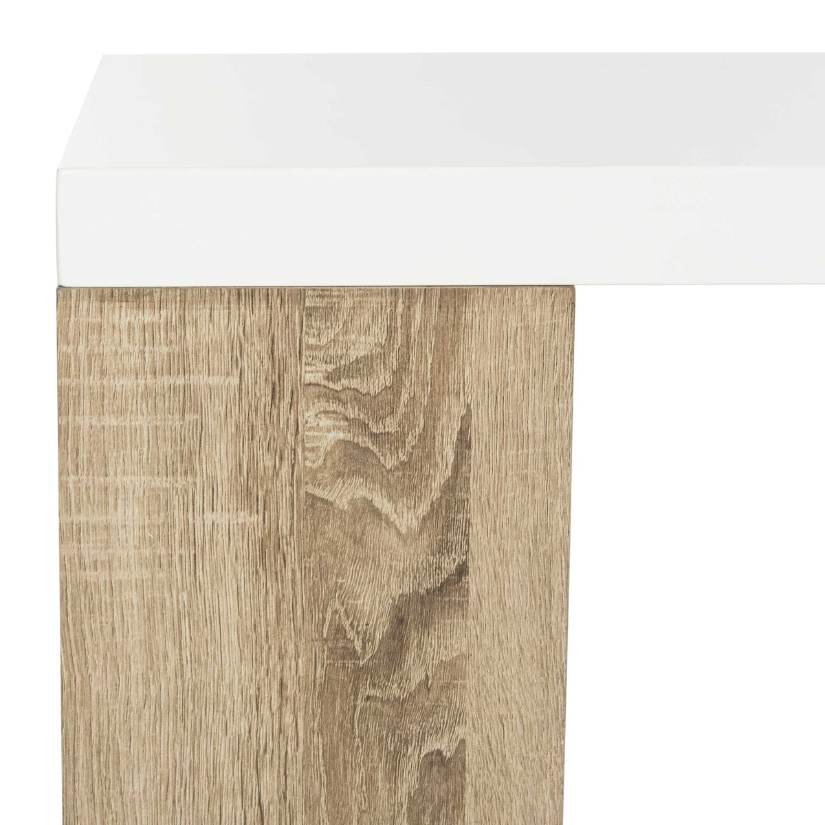 A thick white tabletop meets a light wood-grain support for a clean two-tone finish