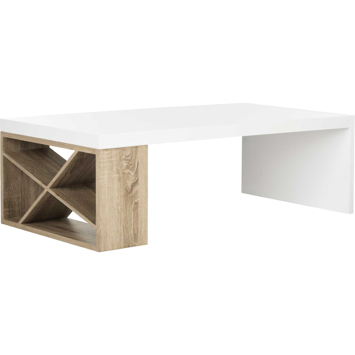 A white slab top pairs X-braced wood-grain storage with a sleek white panel support || FOX4236A || front_angle_studio