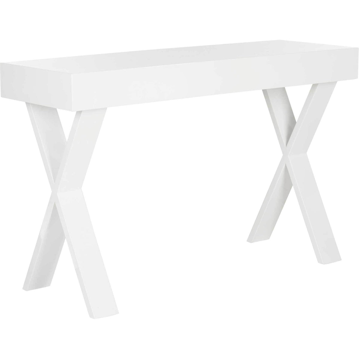 Sculptural X-shaped legs support a sleek white top with an uninterrupted back panel