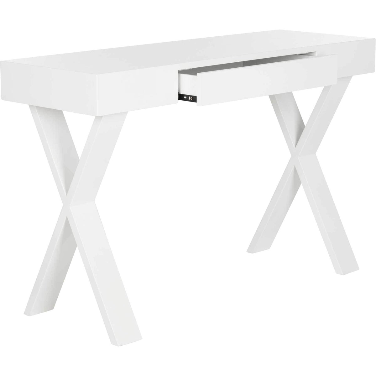 An open center drawer adds storage to a sleek white desk with geometric crossed legs