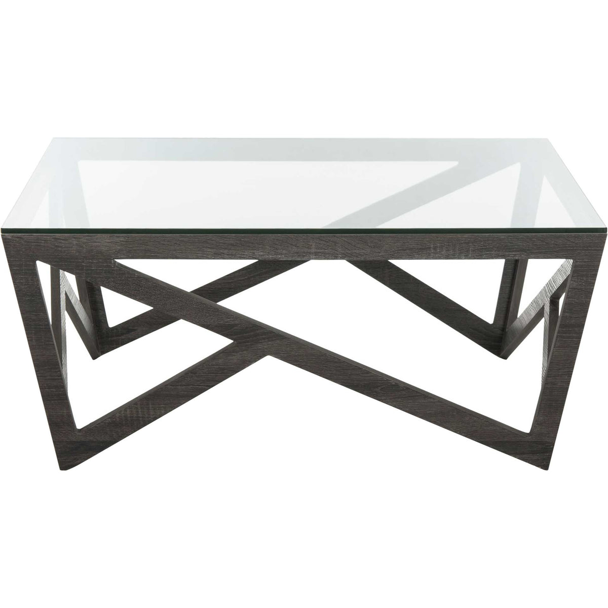 Sculptural crossed supports anchor the clear glass top of this dark gray coffee table. || FOX4242A || front_studio