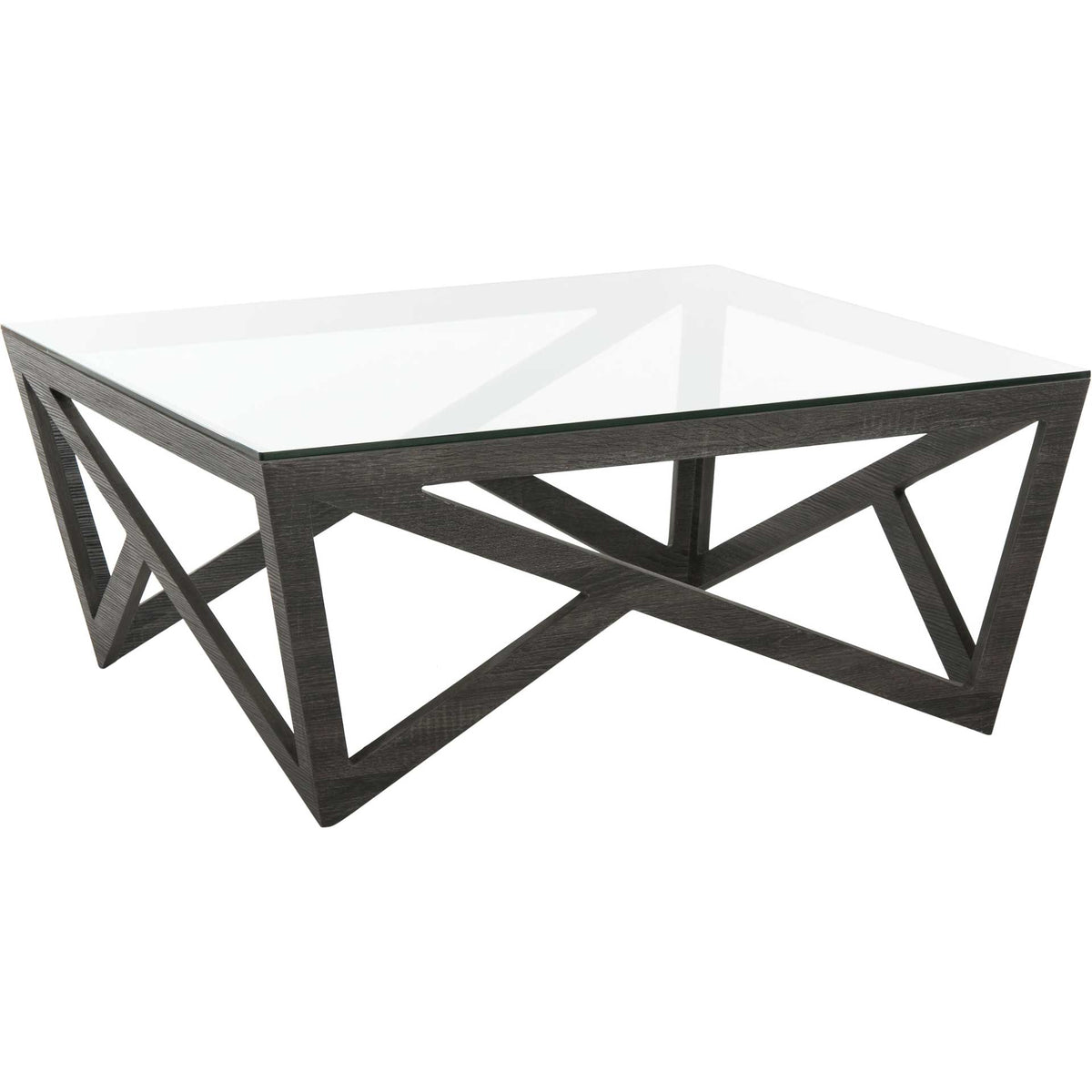 A clear glass top rests above dark gray X-shaped supports for an open, architectural silhouette. || FOX4242A || side_studio