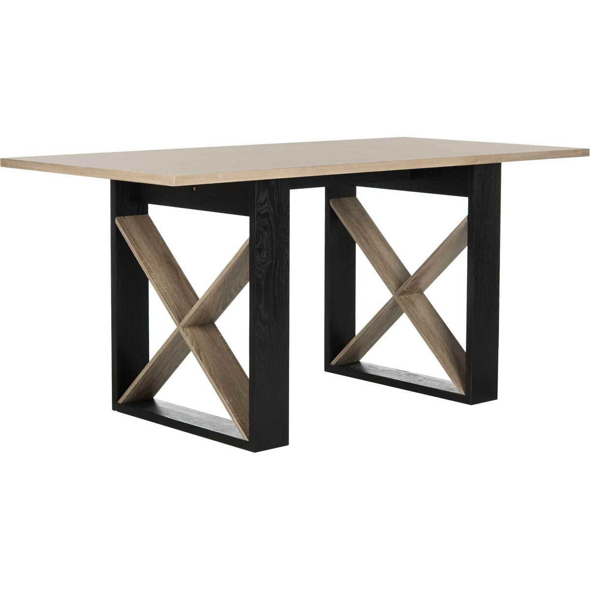 A light gray wood-grain top rests on black end frames with natural wood X-bracing. || FOX4247A || front_angle_studio
