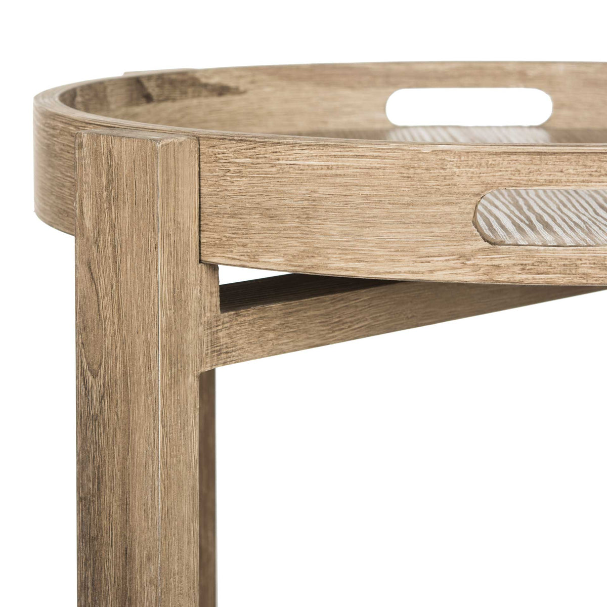 Cutout handholds and weathered wood grain add texture and utility to the raised tray rim