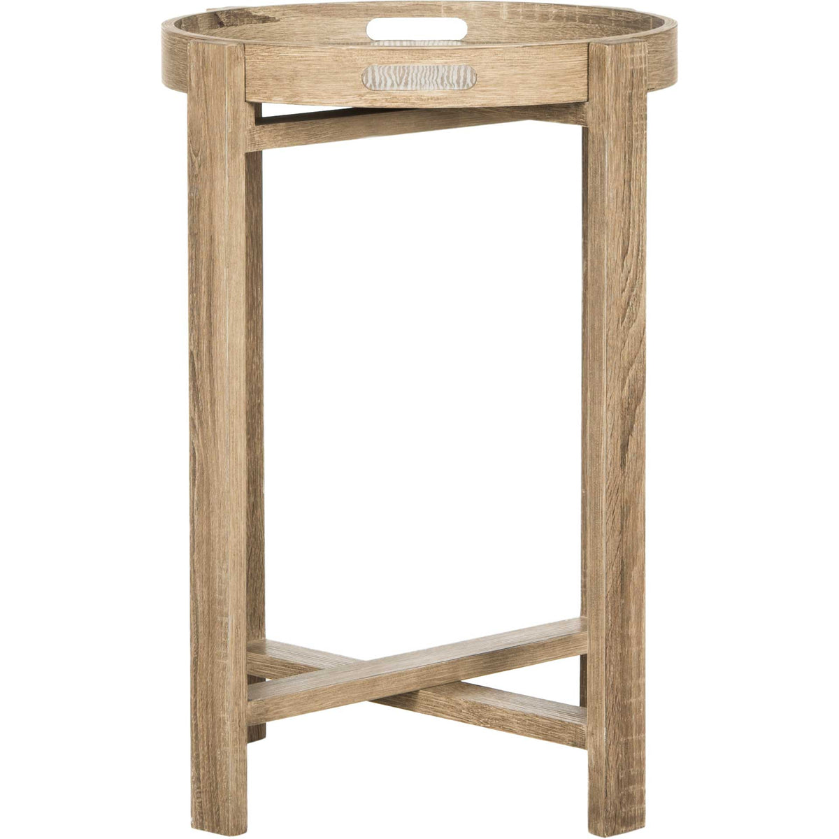 Round tray-top side table with a washed-wood finish, straight legs, and intersecting lower braces || FOX4248A || front_studio