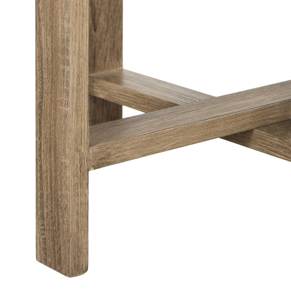 Square legs and intersecting lower braces give the rustic side table an airy structure