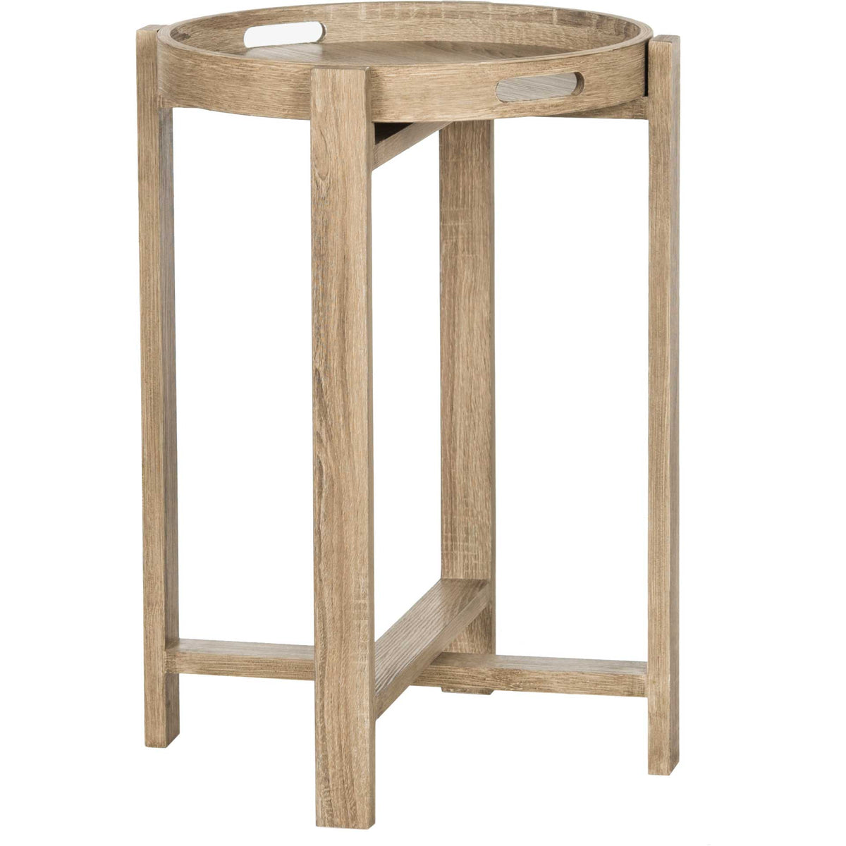 Weathered round tray-top side table with cutout handholds and an open, cross-braced base || FOX4248A || side_studio
