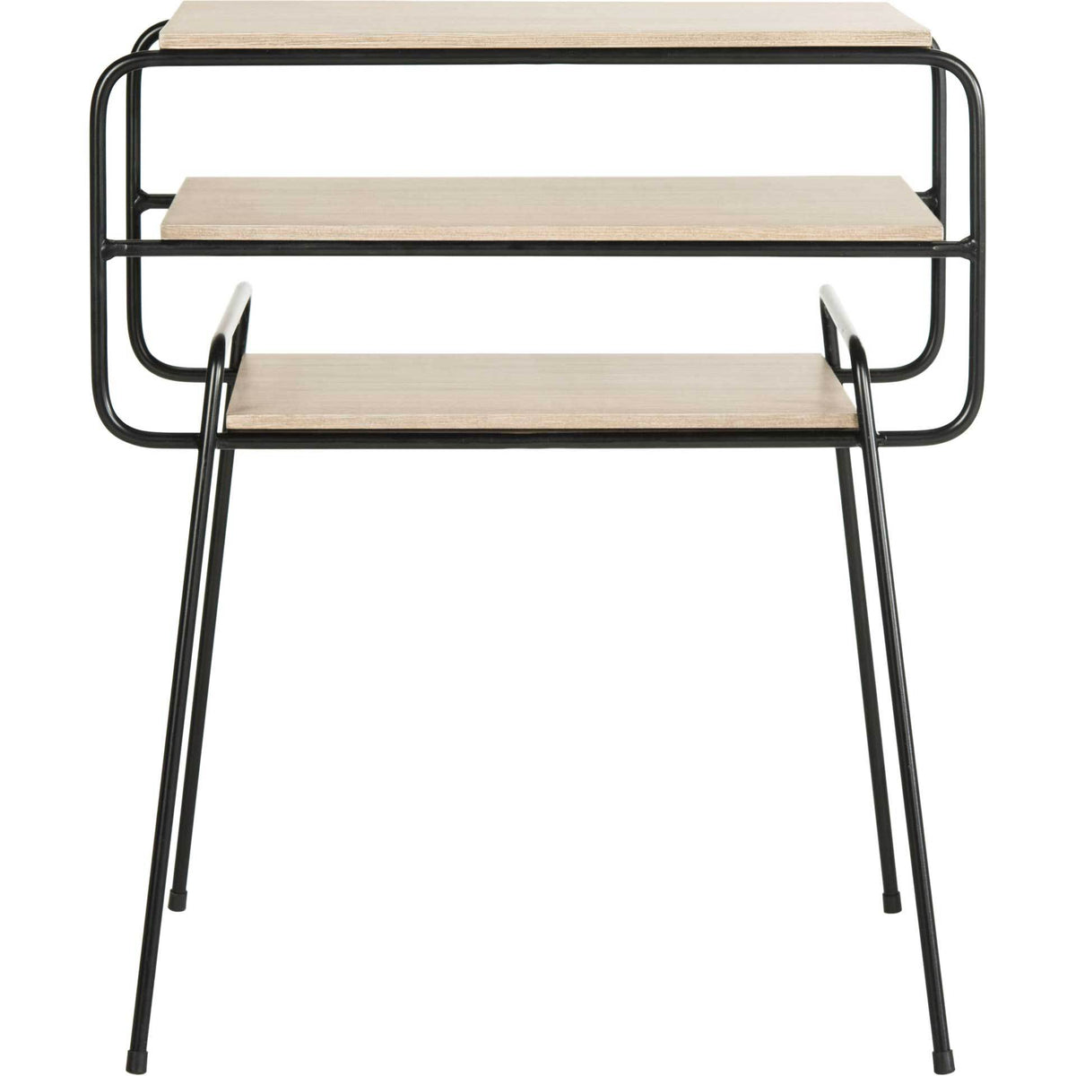 Three open shelves offer airy storage in an end table with curved black metal sides. || FOX4252A || front_studio