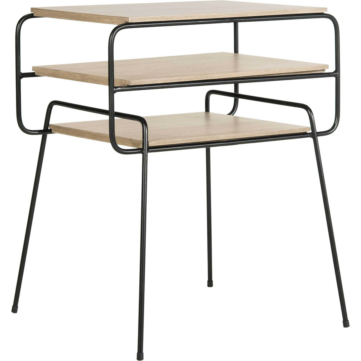 Three light wood-look shelves sit within a curved black metal frame on slim, splayed legs. || FOX4252A || front_angle_studio
