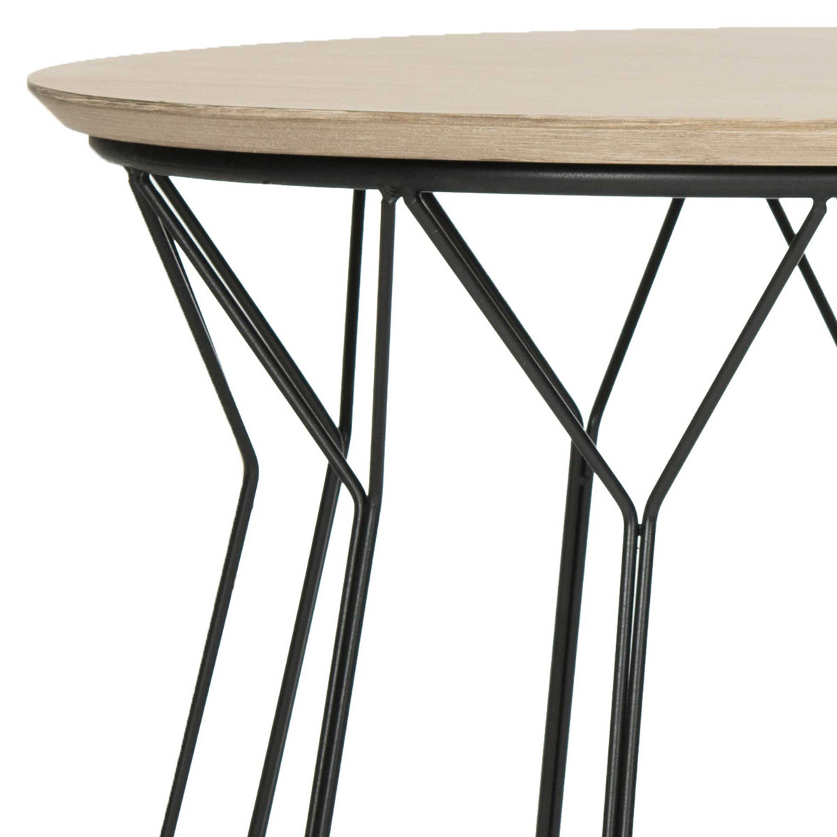 A smooth, light oak-finished tabletop edge meets slender, crisscrossing black iron supports