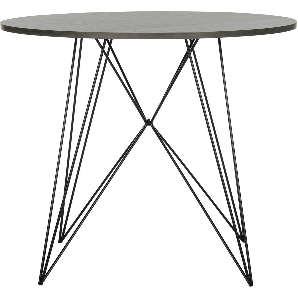 A slim circular top and angular black iron supports give this dining table industrial style. || FOX4260A || front_studio