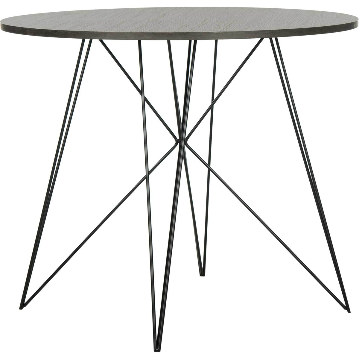 A dark gray round tabletop rests on an airy lattice of black iron legs. || FOX4260A || side_studio
