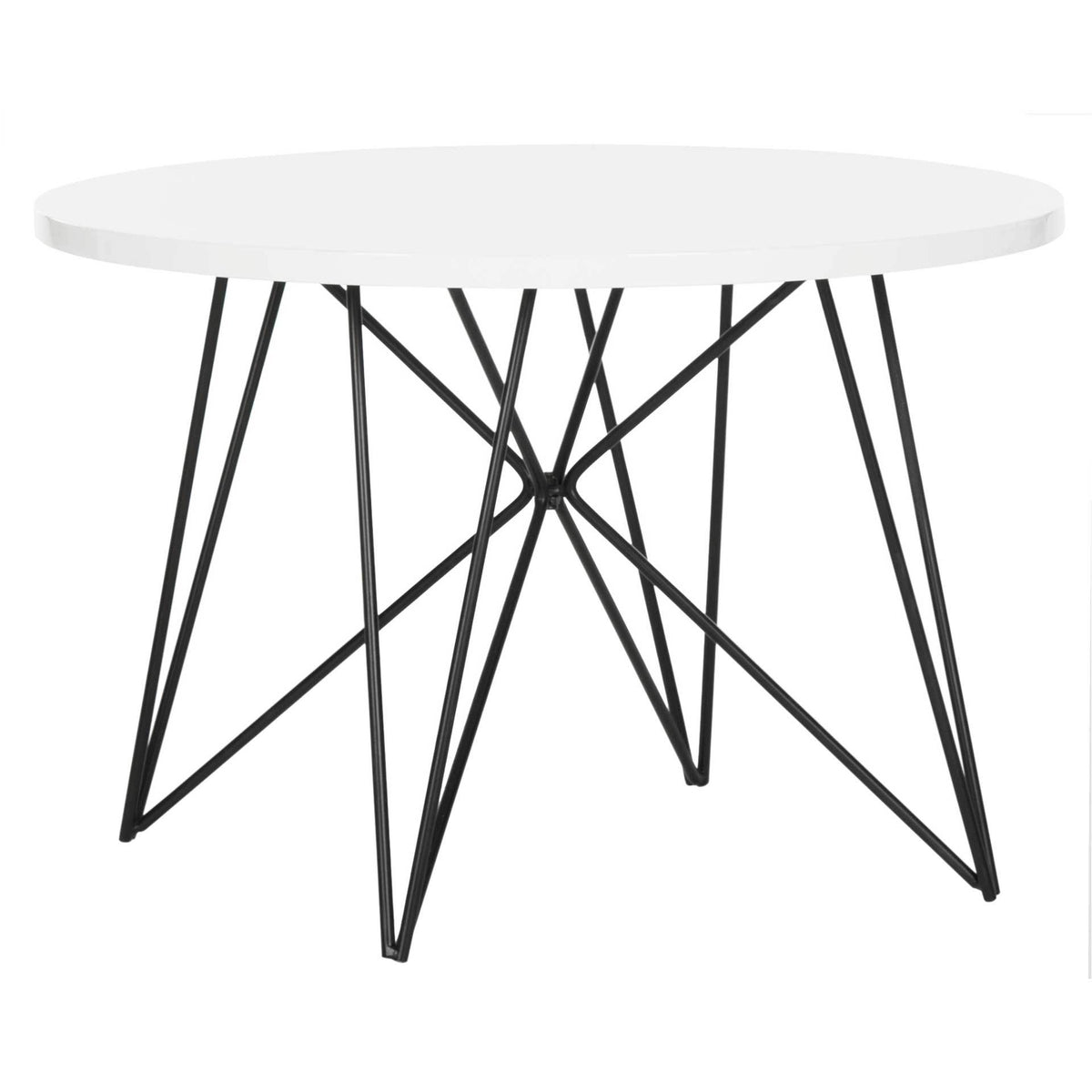 A round white tabletop rests on sculptural, intersecting black iron legs. || FOX4262B || side_studio