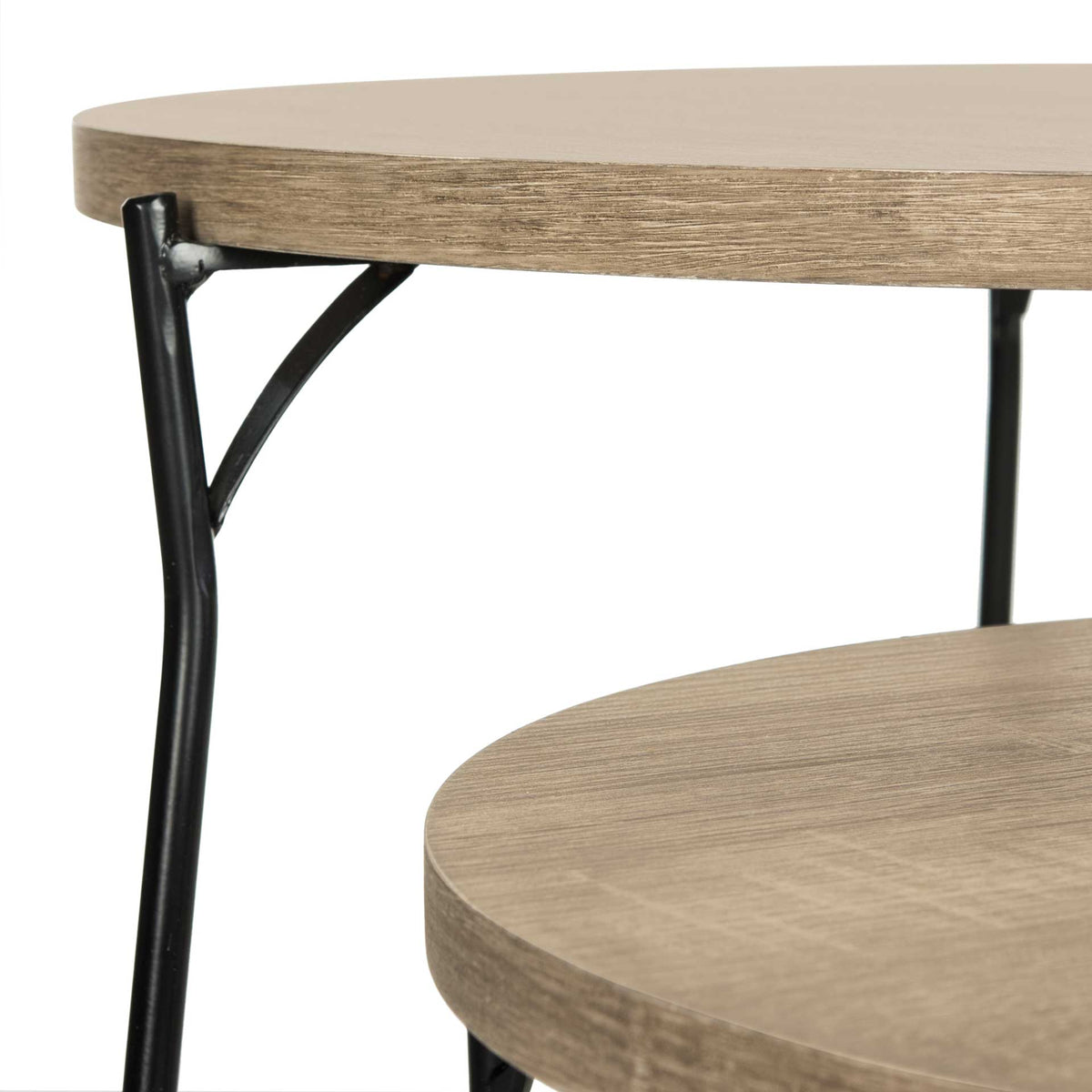Warm wood-grain tabletop edges meet gently curved black iron braces.