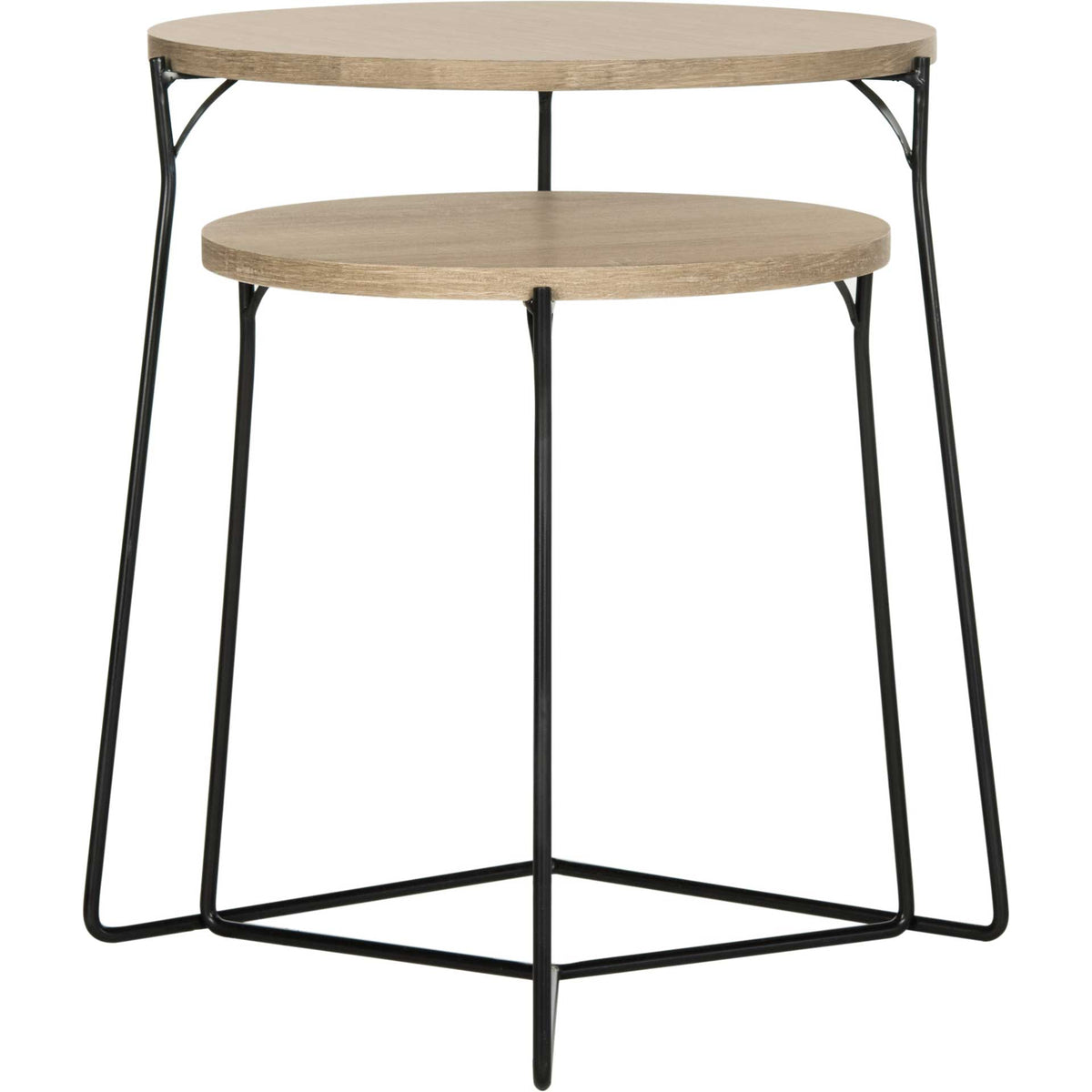 A smaller wood-grain end table nests beneath a larger companion on airy black iron legs. || FOX4263A || front_studio