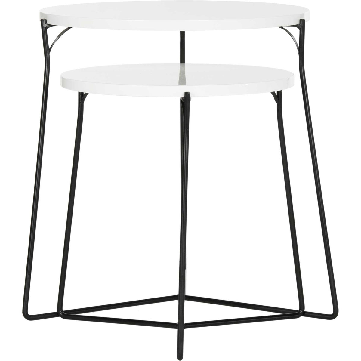 Two white round end tables nest neatly, with airy black iron legs supporting each smooth top. || FOX4263B || front_studio