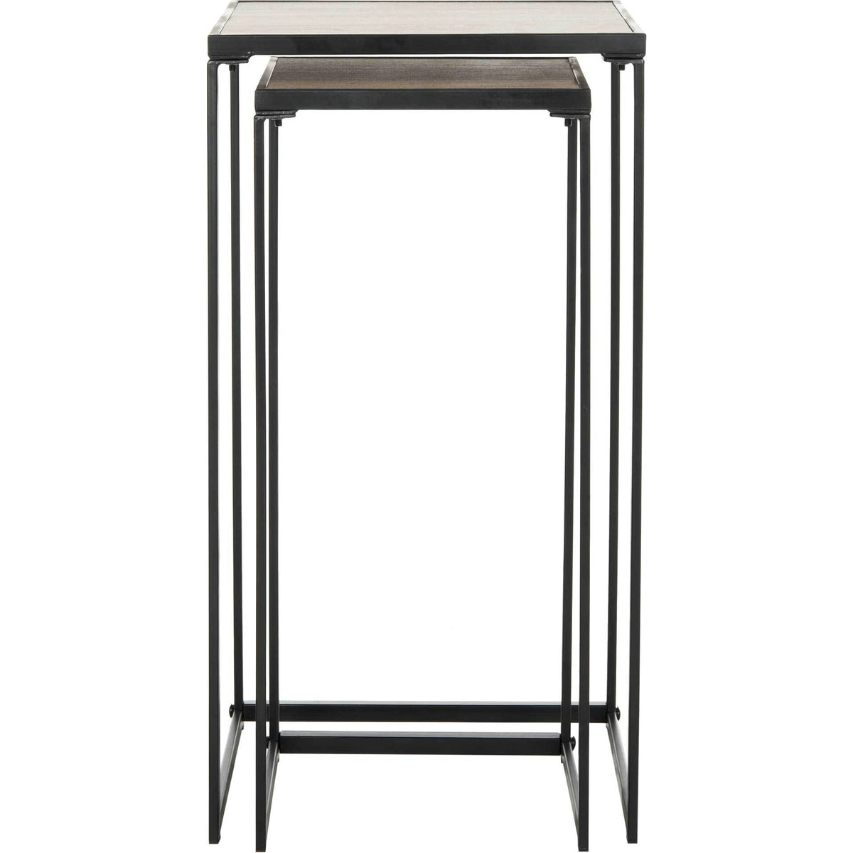 Two nested tables combine wood-grain tops with space-saving black metal frames. || FOX4268A || front_studio
