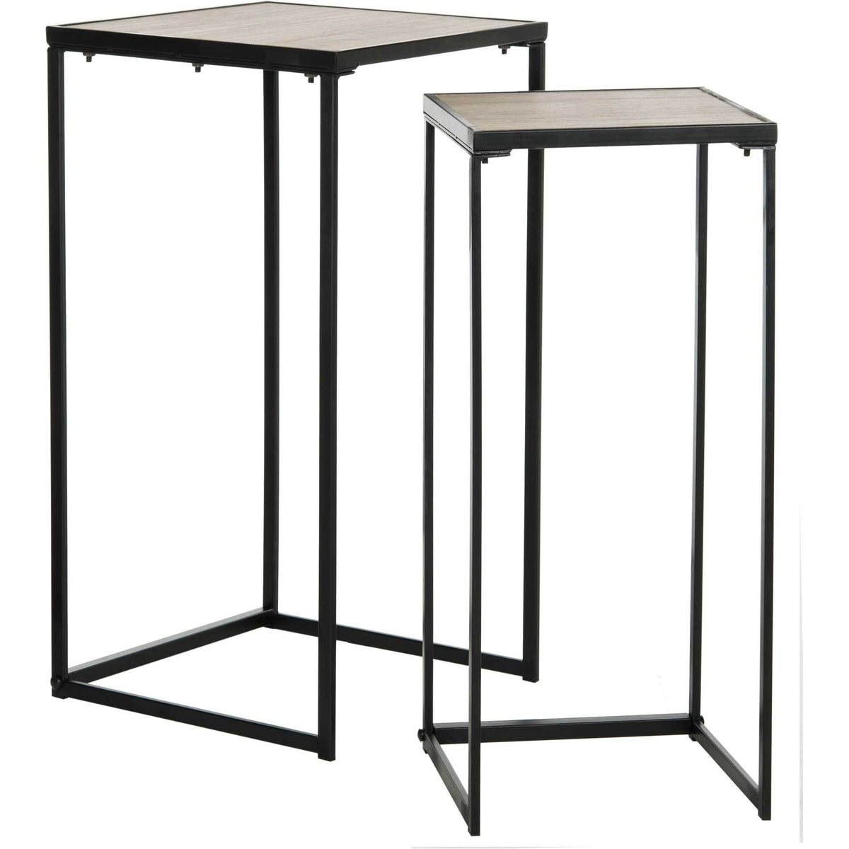 Two staggered nesting tables pair wood-grain tops with slim black metal frames and open bases. || FOX4268A || front_angle_studio