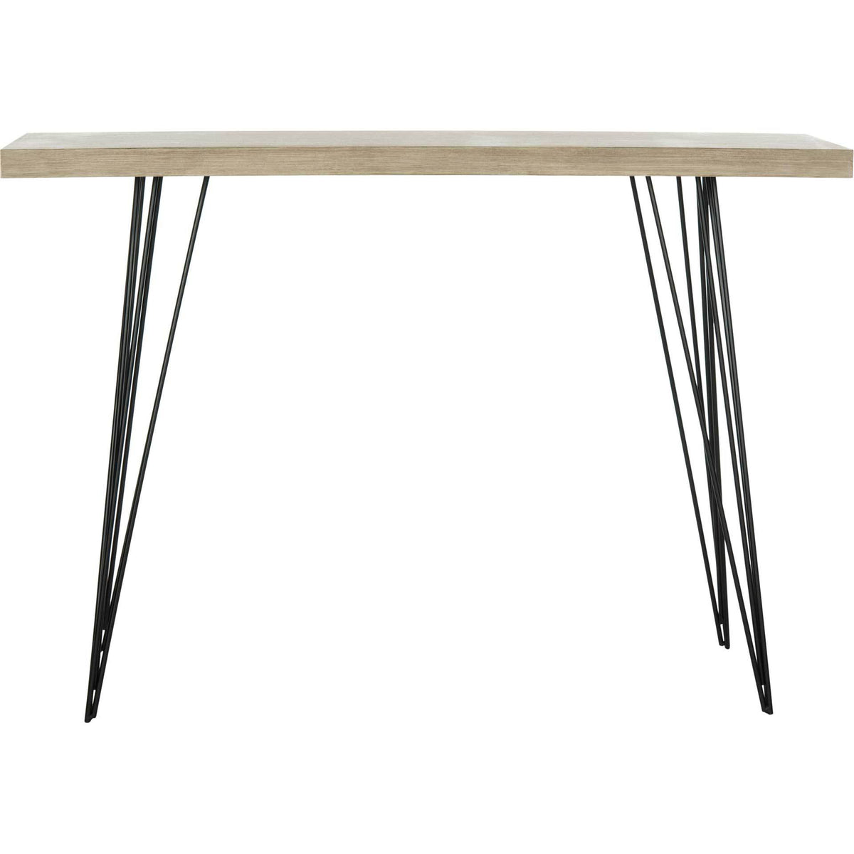 A long light brown tabletop rests on splayed black iron legs for a streamlined silhouette || FOX4270A || front_studio