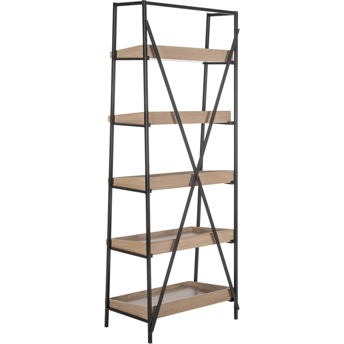Open sides and an X-braced back surround five oak-look shelves