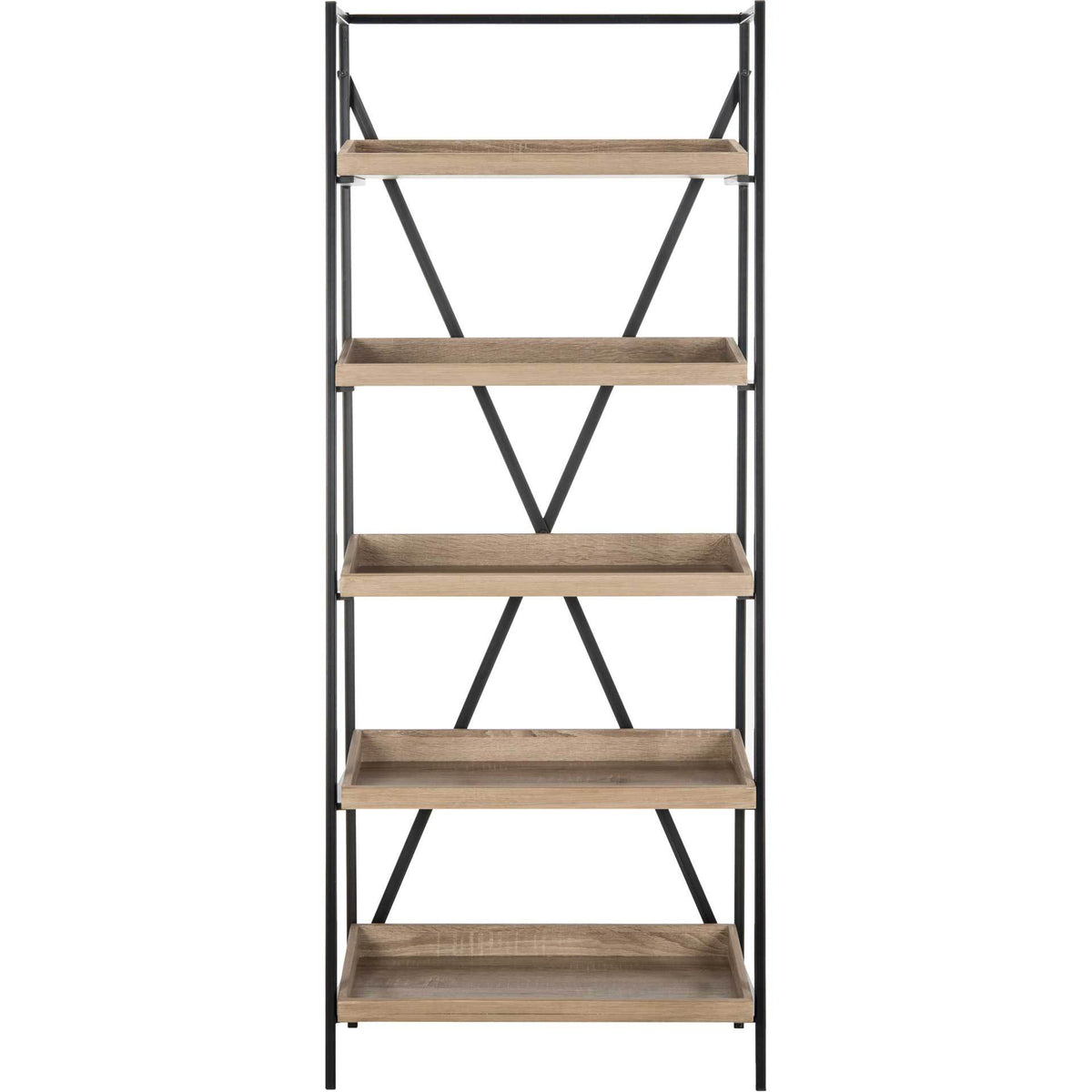Five light brown display shelves rise within an open frame with X-shaped bracing || FOX4272A || front_studio