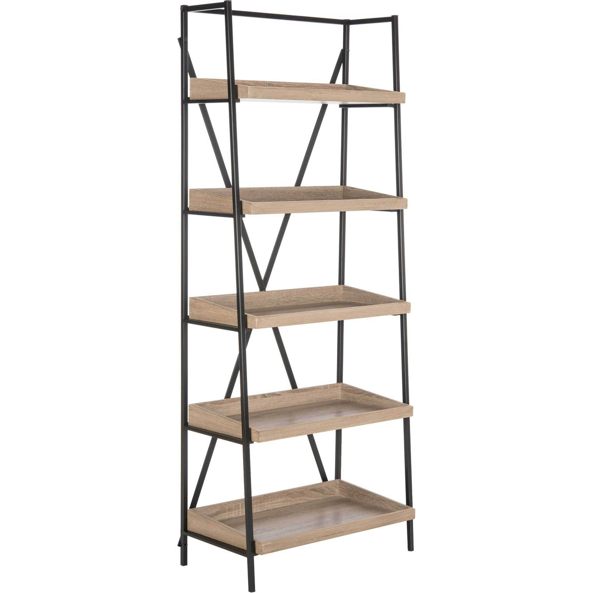 Five oak-look shelves have raised edges and a slender black iron frame || FOX4272A || front_angle_studio