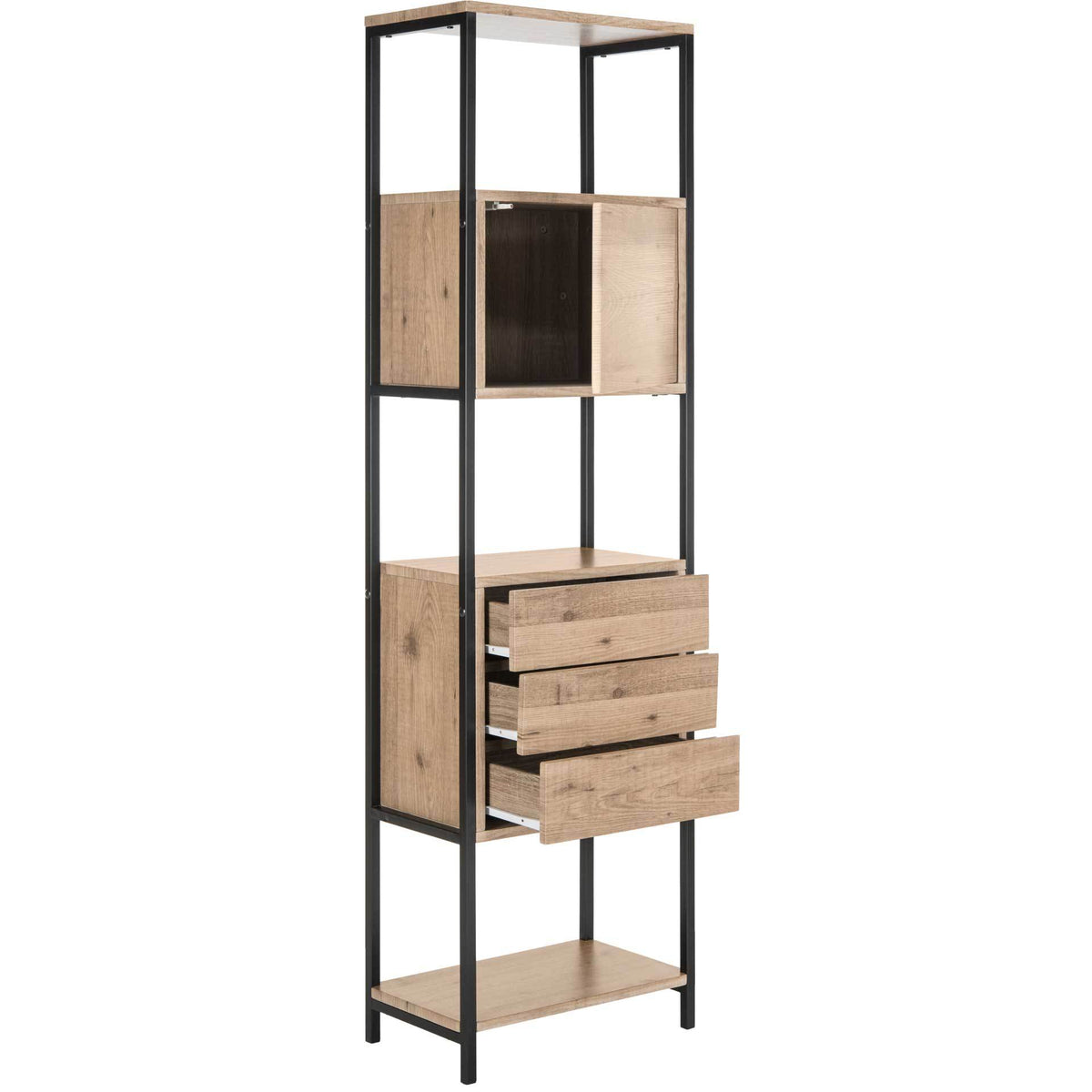 An open cabinet and three extended drawers reveal storage within oak-finish panels and a black iron frame