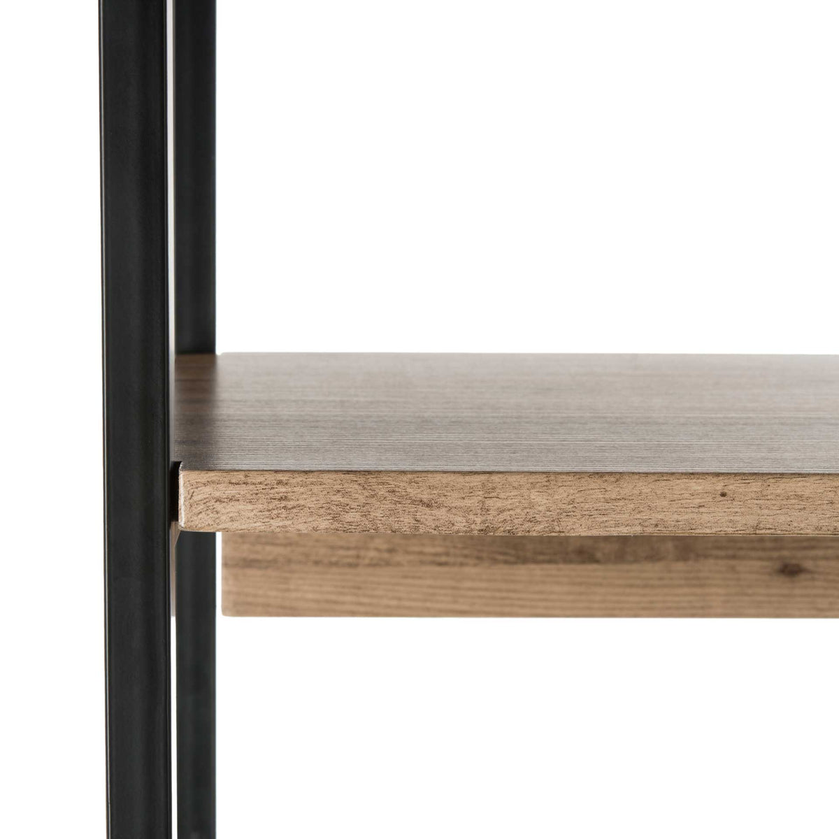 A wood-grain shelf and reinforcing back rail sit within the black metal frame