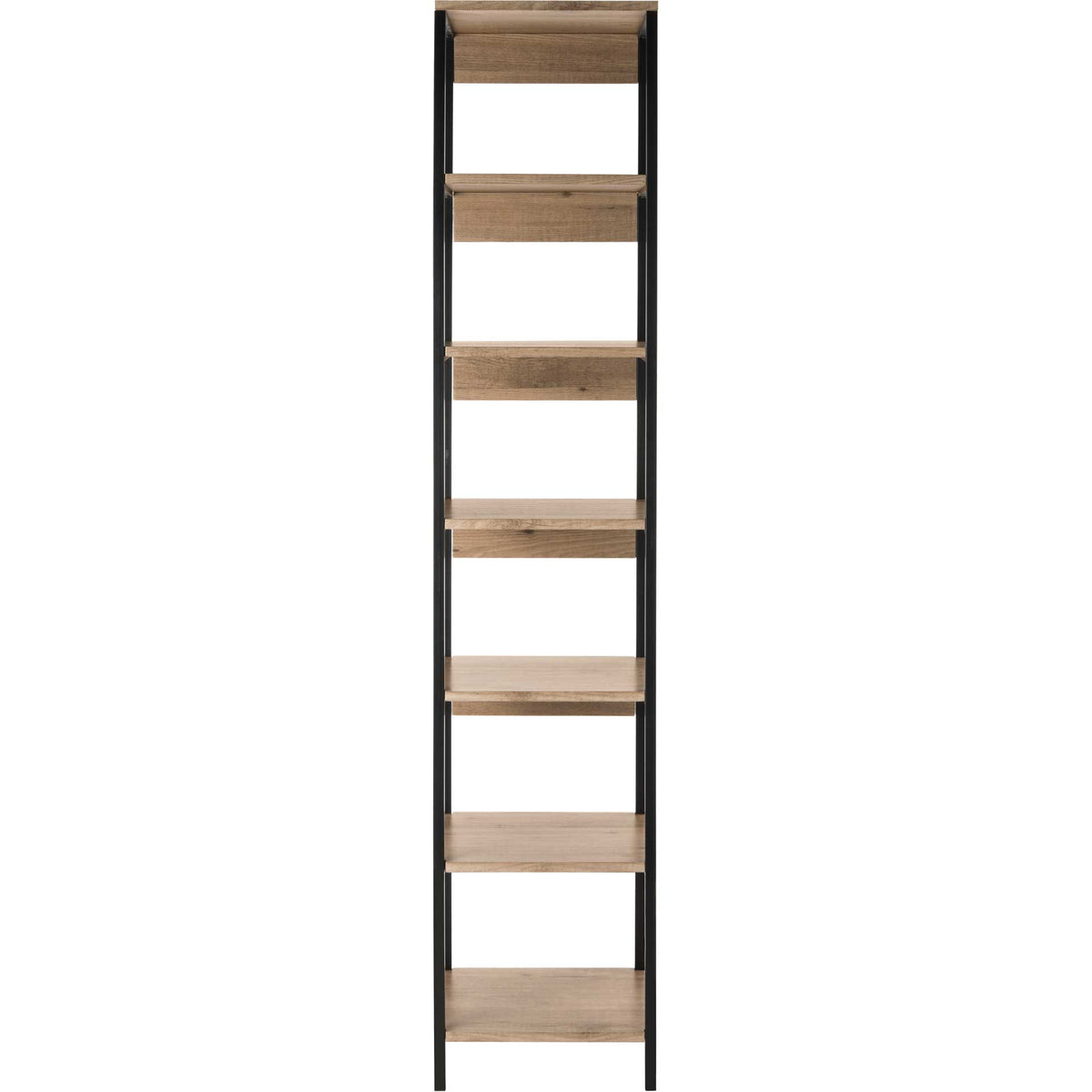 Wood-grain shelves and back rails add texture to this tall, open storage tower || FOX4275A || front_studio