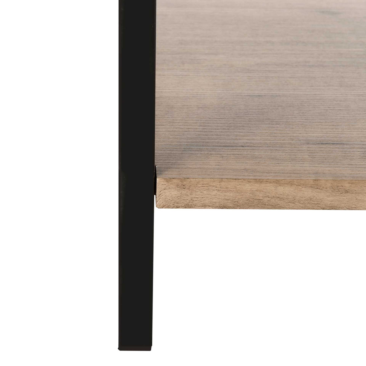 A slim black iron leg extends beneath the lowest wood-grain shelf for an airy base