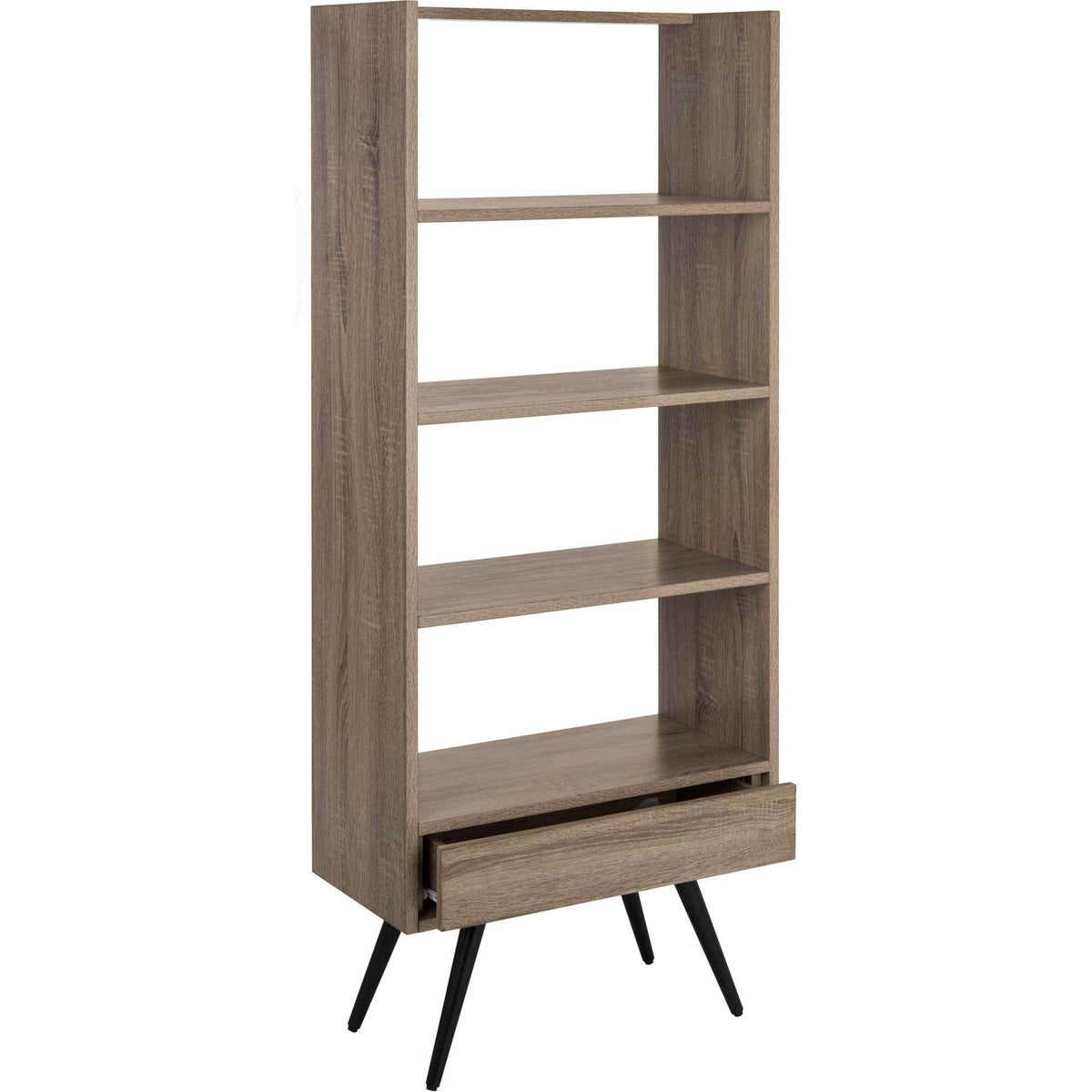 An open lower drawer adds storage beneath light brown shelves and splayed black metal legs