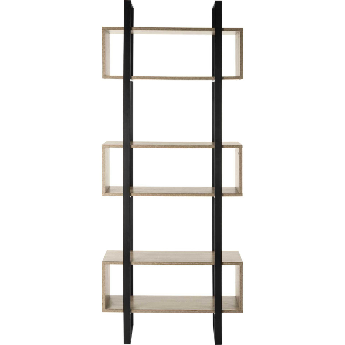 A tall geometric etagere pairs six light brown shelves with slim black metal uprights. || FOX4278A || front_studio