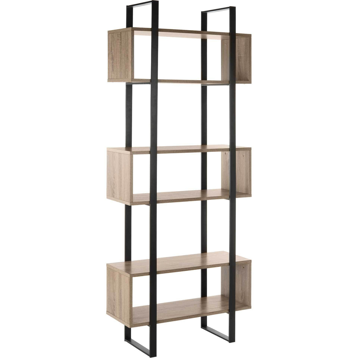 Three oak-look box shelves alternate with airy gaps inside a slender black iron frame. || FOX4278A || front_angle_studio