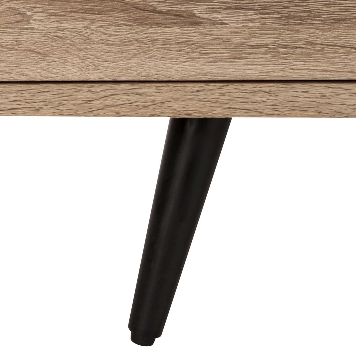 A tapered black metal leg adds a retro accent beneath the wood-look base