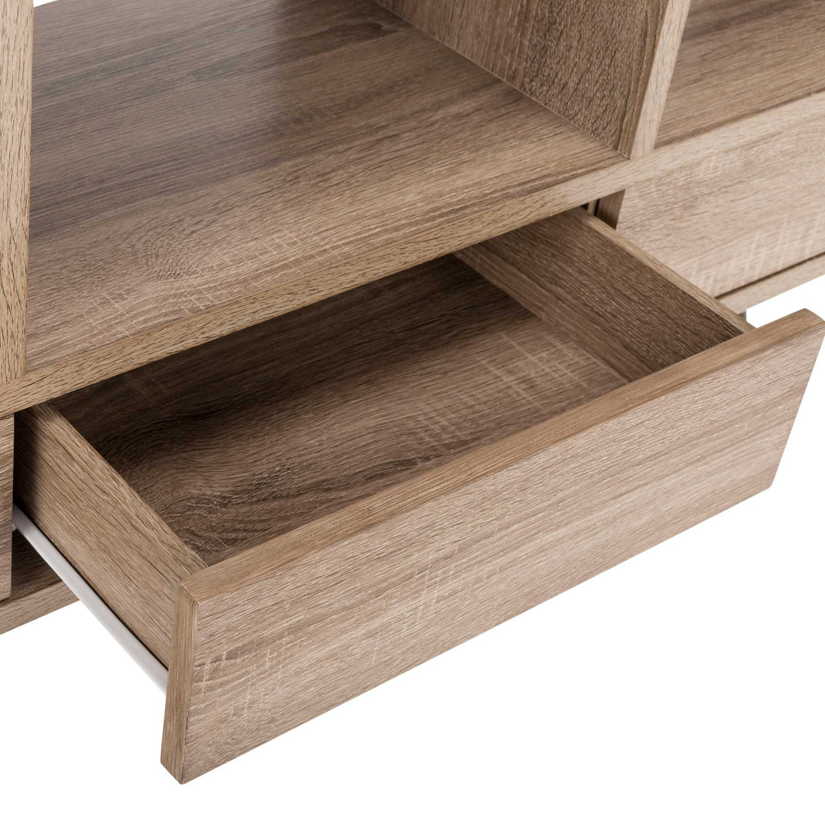 A pull-out drawer offers roomy storage beneath the open shelving